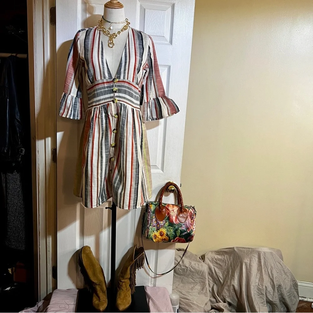 New Lulu’s Cabana In Cabo Cream Multi Striped Button Cotton Pleated Mini Dress S